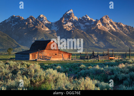 L'iconico nord Moulton Barn e il Teton Mountains lungo Antelope Flats strada in Grand Teton National Park, Wyoming Foto Stock