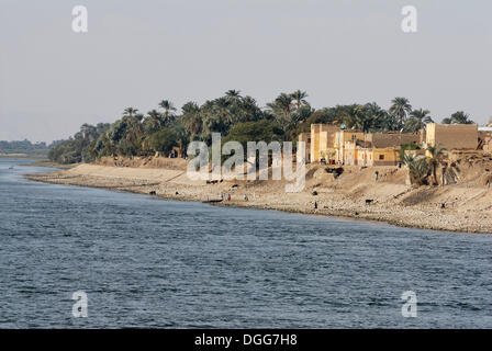 Villaggio sulle rive del Nilo tra Luxor e Esna, Valle del Nilo, Egitto, Africa Foto Stock