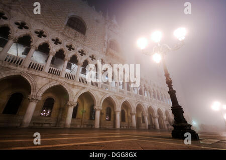 Palazzo Ducale, Palazzo Ducale, con lanterne nella nebbia di notte, Piazzetta San Marco, Piazza San Marco, Venezia, Venezia Foto Stock