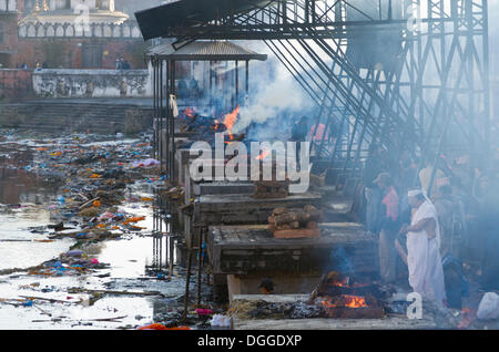 La masterizzazione ghats con cremazioni in corso, Kathmandu, Distretto di Kathmandu, zona di Bagmati, Nepal Foto Stock