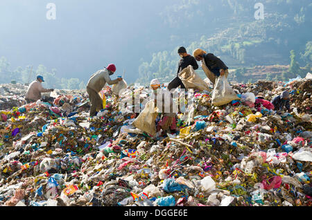 I lavoratori di smistamento di garbage a Aletar garbage dump, guadagnare 300-400 il nepalese rupie al giorno, Aletar, Distretto di Kathmandu Foto Stock