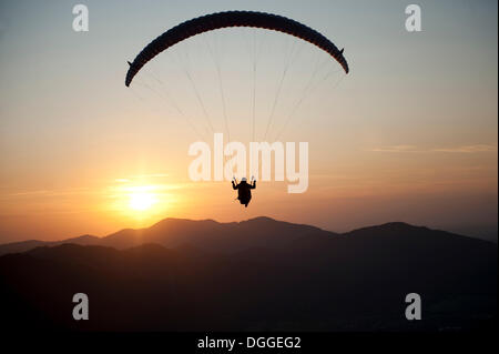 Vista aerea, parapendio al tramonto, Ammer montagne, Oberammergau Laber, Bavaria Foto Stock