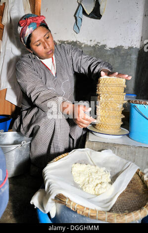 La produzione di formaggio fresco nella valle di Pézenas, Departamento Oruro, Bolivia, Sud America Foto Stock