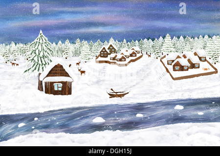 Illustrazione d'inverno. Arte digitale. Villaggi nella foresta, cervi, fiume, casa e la vecchia barca. Foto Stock