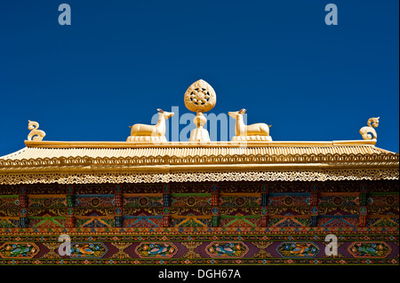 Simboli buddista: Dharma-ruota e cervi decorato sul tetto sotto il cielo blu a Thiksey Gompa. India, Ladakh, Monastero di Thiksey Foto Stock