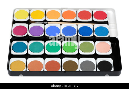 Acquerelli pittura color box con spazzola Foto Stock