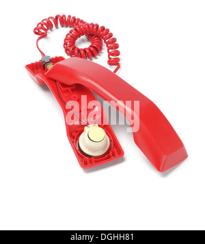 Ricevitore telefonico rosso rivelando i componenti interni Foto Stock