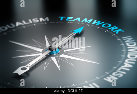 Conceptual 3D Rendering immagine con profondità di campo effetto blur. bussola con l'ago rivolto la parola il lavoro di squadra Foto Stock