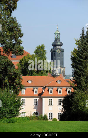 Ex residenza di Charlotte von Stein, di fronte alla torre della Stadtschloss, Palazzo di città, Weimar, Turingia, Germania Foto Stock
