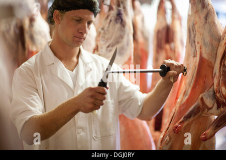 Macellaio coltello affilatura Foto Stock