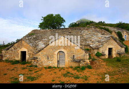 Abbandonata la metà-sotterranea di cantina in pietra naturale tetto in Entre-deux-Monts a Rivière-sur-Tarn, Aveyron, Francia Foto Stock