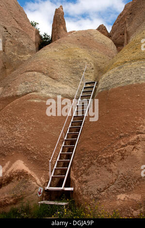 Scala su un sentiero escursionistico attraverso formazioni di tufo, valle delle rose, parco nazionale di Göreme, Cappadocia, Nevşehir Provincia Foto Stock