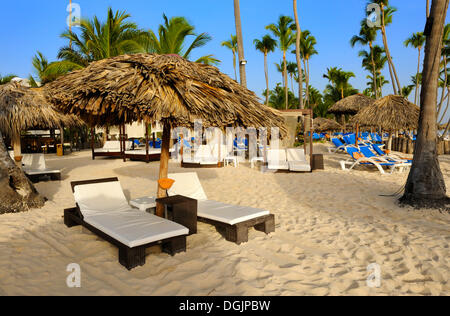 Il lusso di sedie a sdraio sulla spiaggia dell'Hotel Occidental, Punta Cana, Repubblica Dominicana, dei Caraibi Foto Stock