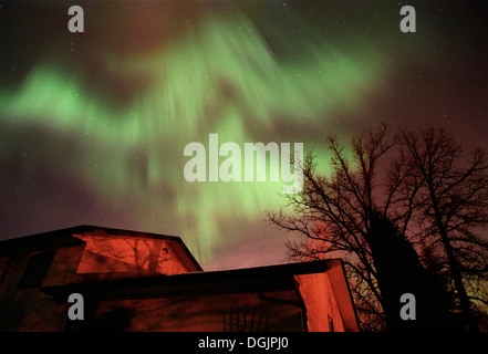 Aurora Boreale Northern Lights rosso e verde su esplosione vicino casa Kleefeld, Manitoba, Canada Foto Stock