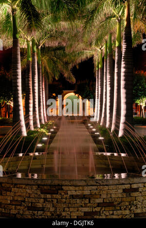 Illuminata Palm Avenue e la fontana di fronte al harbourmaster, Frederiksted, isola di St. Croix, U.S. Isole Vergini USA Foto Stock
