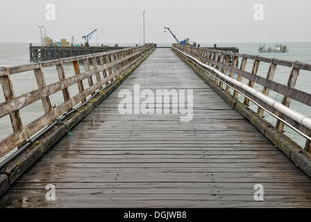 Pier sotto la pioggia, Jackson Bay, Mar di Tasmania, Isola del Sud, Nuova Zelanda Foto Stock