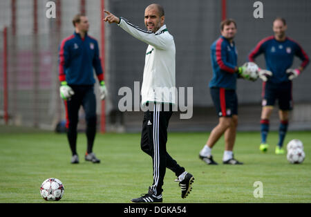 Muenchen, Germania. 22 ottobre, 2013. Il Bayern coach Pep Guardiola è visto durante un allenamento in Muenchen, Germania, martedì, 22 ottobre 2013, prima del FC Bayern Muenchen vs FC Viktoria Plzen Champions League Soccer Match. (CTK foto/Michal Kamaryt) Credito: CTK/Alamy Live News Foto Stock