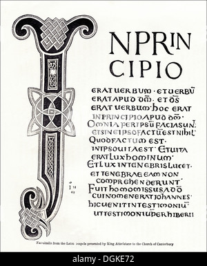 Anglo-sassone in Gran Bretagna. Il facsimile dal latino Vangeli presentato dal re Athelstane alla Chiesa di Canterbury. Silografia vittoriano circa 1845. Foto Stock