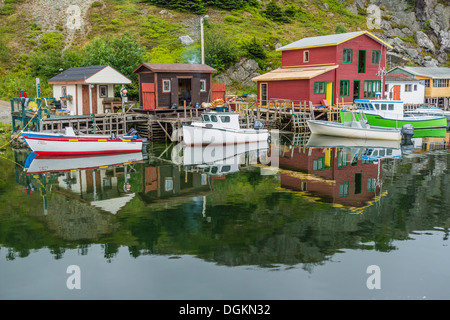 Piccole barche ormeggiate presso il porticciolo di Quidi Vidi davanti colorati edifici di pesca. Foto Stock