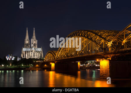 Vista da Cologne-Deutz al Wallraf-Richartz-Museum, Koelner Dom, Cattedrale di Colonia e il Ponte di Deutz, di notte, Colonia Foto Stock