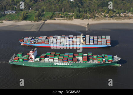 Le navi portacontainer, sempre conquista, anteriore e Charlotte Maersk, posteriore, sul fiume Elba, Hamburg-Port, Hamburg, Amburgo, Germania Foto Stock