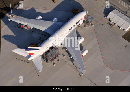 Vista aerea, Airbus A380 di essere pronti per la consegna in fabbrica aerodromo del Finkenwerder, Finkenwerder, Hamburg, Amburgo Foto Stock