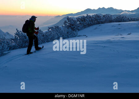 Un uomo su un tour con racchette da neve su torrener joch pass, vista verso la montagna di grimming, krippenstein e plassen Foto Stock