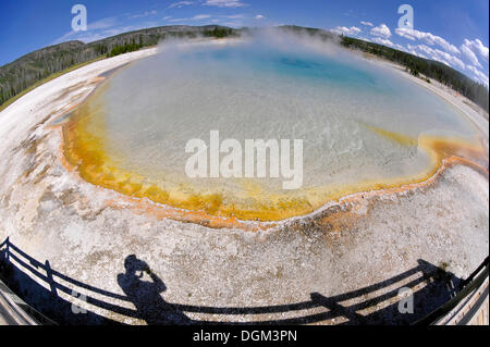 Tramonto sul lago, geyser, area di drenaggio con una passerella, colorato di batteri termofili, microrganismi, nero bacino di sabbia Foto Stock