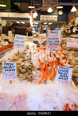 Pescheria, pesce fresco, Dungeness crabs (Metacarcinus magister), pietra cotto granchi (Lithodidae), del Mercato di Pike Place Foto Stock