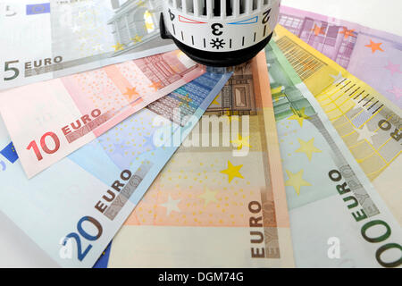 Valvola del radiatore con le banconote in euro, immagine simbolica per i costi di riscaldamento e i costi energetici Foto Stock