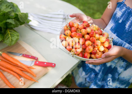 Festa di famiglia. Un bambino che porta una ciotola di fresco ciliegie raccolte a un tavolo da buffet. Foto Stock