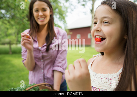 Festa di famiglia. Un bambino con una ciliegia fresca tra i suoi denti. Una giovane donna guardandola e ridere. Foto Stock