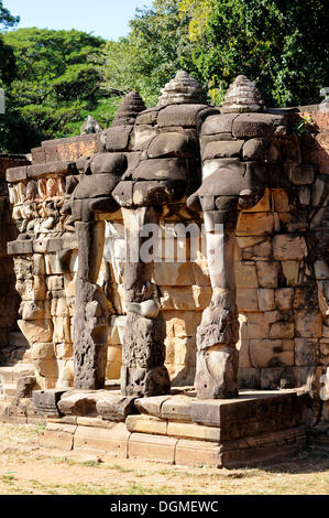 Rilievo di una a tre teste di elefante, Terrazza degli elefanti, Angkor Thom, Angkor, Sito Patrimonio Mondiale dell'UNESCO, Siem Reap Foto Stock