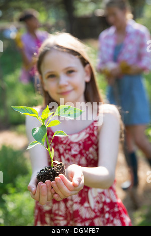 Giardino. Una giovane ragazza con una giovane pianta con fogliame verde e una sana rootball nelle sue mani. Foto Stock