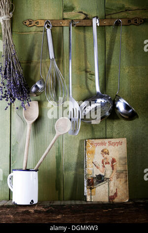 Il vecchio libro di cucina con utensili di cottura nella parte anteriore di un verde parete in legno, Germania Foto Stock