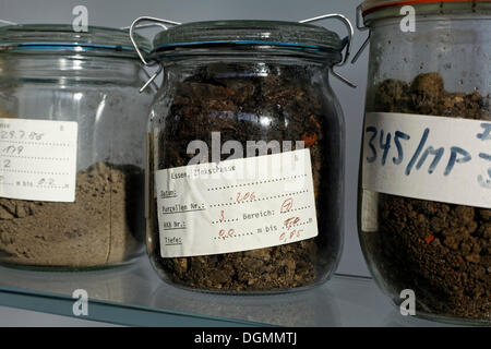 Occhiali con suolo contaminato i campioni provenienti da vecchi siti industriali, Altlast Zinkstrasse, il nuovo museo della Ruhr, delle miniere di carbone dello Zollverein Foto Stock