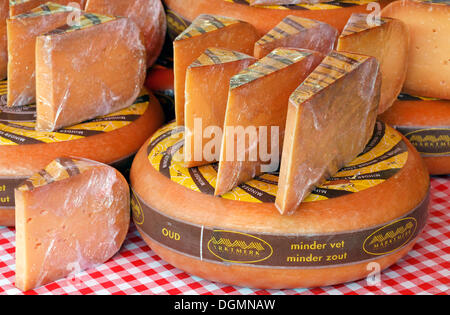 Vecchio Gouda, formaggio Olandese con ridotto di grassi per la vendita di Middelburg, Walcheren, Zeeland, Holland, Paesi Bassi, Europa Foto Stock