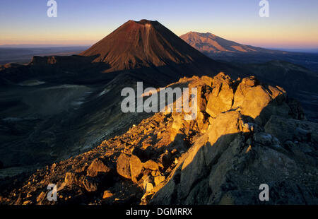 Il monte Ngauruhoe e del Monte Ruapehu, vulcani attivi dell'Isola del nord della Nuova Zelanda e del Parco Nazionale di Tongariro Ruapehu District Foto Stock