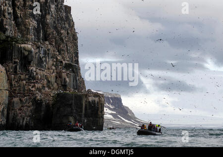 Zodiac imbarcazioni gonfiabili crociera lungo le scogliere degli uccelli di Alkefjellet, Hinlopenstretet, isola Spitsbergen, arcipelago delle Svalbard Foto Stock