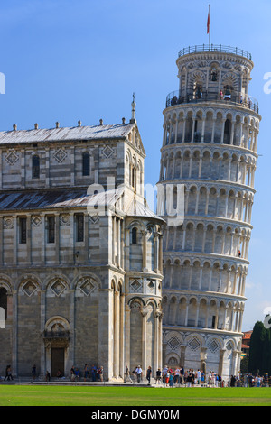 Piazza dei Miracoli con la torre pendente di Pisa, Italia Foto Stock