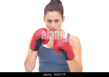 Grave bruna sportivo rosso indossa guantoni da pugilato Foto Stock