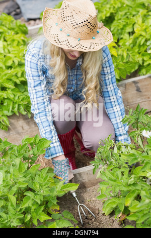 Giovane donna lavora in giardino Foto Stock