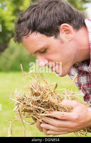 Giovane uomo odore di giallo paglierino Foto Stock