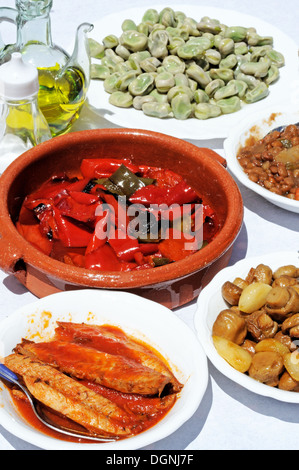 Una sana tapas spagnole scelta di piatti a base di pesce e verdure, Andalusia, Spagna, Europa occidentale. Foto Stock