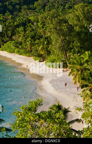 Spiaggia di Anse Takamaka, Southern Mahe, Isola di Mahe, Seychelles, Africa, Oceano Indiano Foto Stock