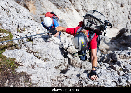 Gli alpinisti durante la salita alla vetta del Sassopiatto Mountain via Oskar Schuster Via Ferrata arrampicata Foto Stock