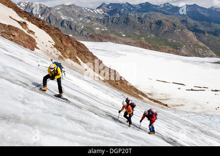 L'alpinista ispezione un bordo, sicurezza, Zufallferner Gletscher, Martelltal, Alto Adige Provincia, Trentino Alto Adige Foto Stock