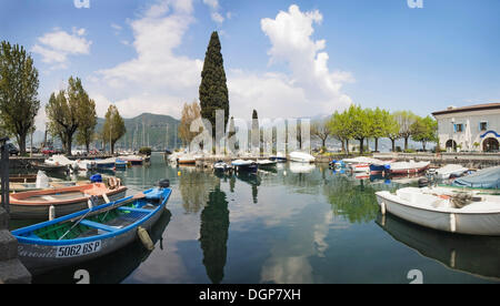 Porto di Porto Portese con cipressi, il Lago di Garda, Lombardia, Italia, Europa Foto Stock
