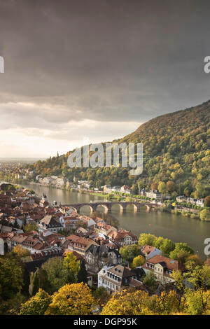 Vista panoramica che si affaccia sulla città vecchia di Heidelberg visto dalla Schlosspark, nei giardini del palazzo, Baden-Wuerttemberg Foto Stock