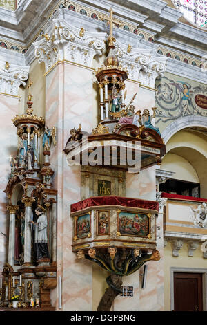 Pulpito di i sette peccati capitali, Chiesa parrocchiale di Reichenthal, regione Muehlviertel, Austria superiore, Austria, Europa Foto Stock